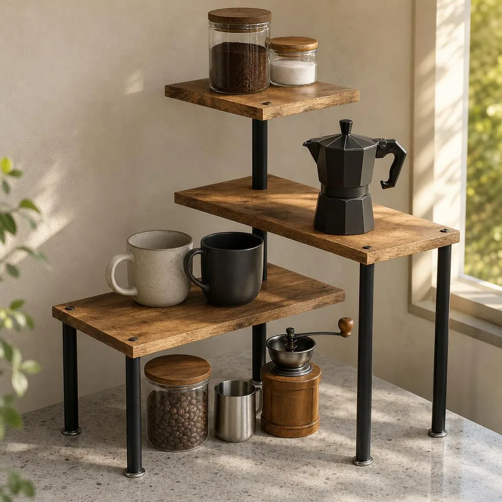 1) El organizador en la esquina de un mesón de cocina con especias, frascos y tazas de café. 2) Detalle de la unión entre repisa y tubo de soporte mostrando el acabado negro liso.
