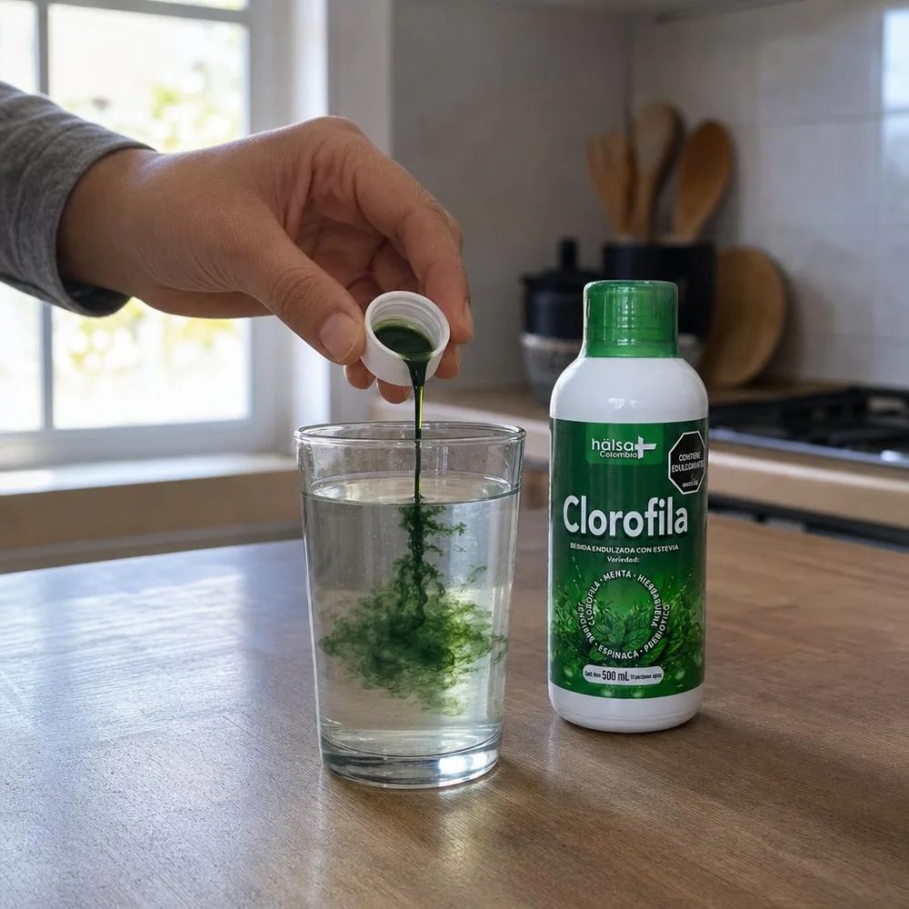1) Vaso de agua con la clorofila ya mezclada junto a la botella, en una mesa de desayuno. 2) Detalle de la etiqueta mostrando ingredientes (menta, hierbabuena, jengibre, inulina) y el registro INVIMA.
