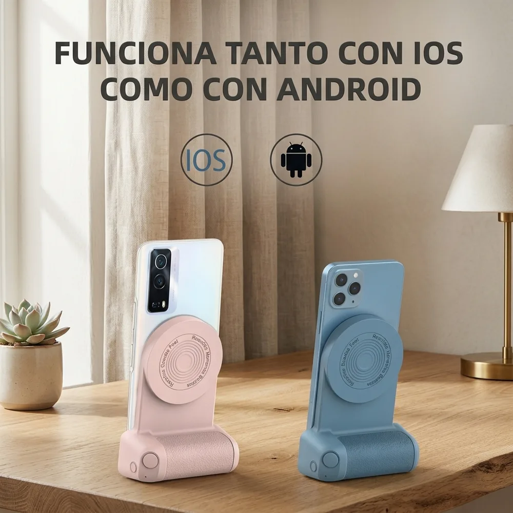 1) Persona tomando una foto con el celular sujeto al FotoGrip como si fuera una cámara. 2) Detalle del disparador separado de la empuñadura junto al anillo metálico adhesivo.