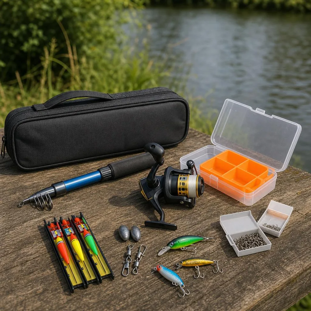 1) Persona pescando con la caña a la orilla de un río o laguna. 2) Detalle de la caña recogida a 46 cm junto a un bolso, con el carretel y su sedal en primer plano.
