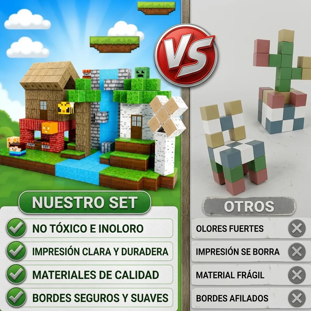 1) Un niño construyendo un escenario pixelado con los cubos sobre una mesa. 2) Primer plano de varios cubos unidos por distintas caras, donde se aprecien las texturas y el tamaño.