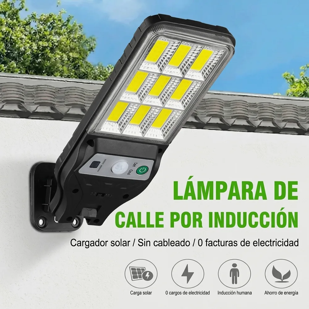 1) La lámpara instalada en la pared de una entrada o garaje, encendida de noche iluminando la zona de paso. 2) Detalle de cerca de la matriz de LED y el sensor de movimiento.