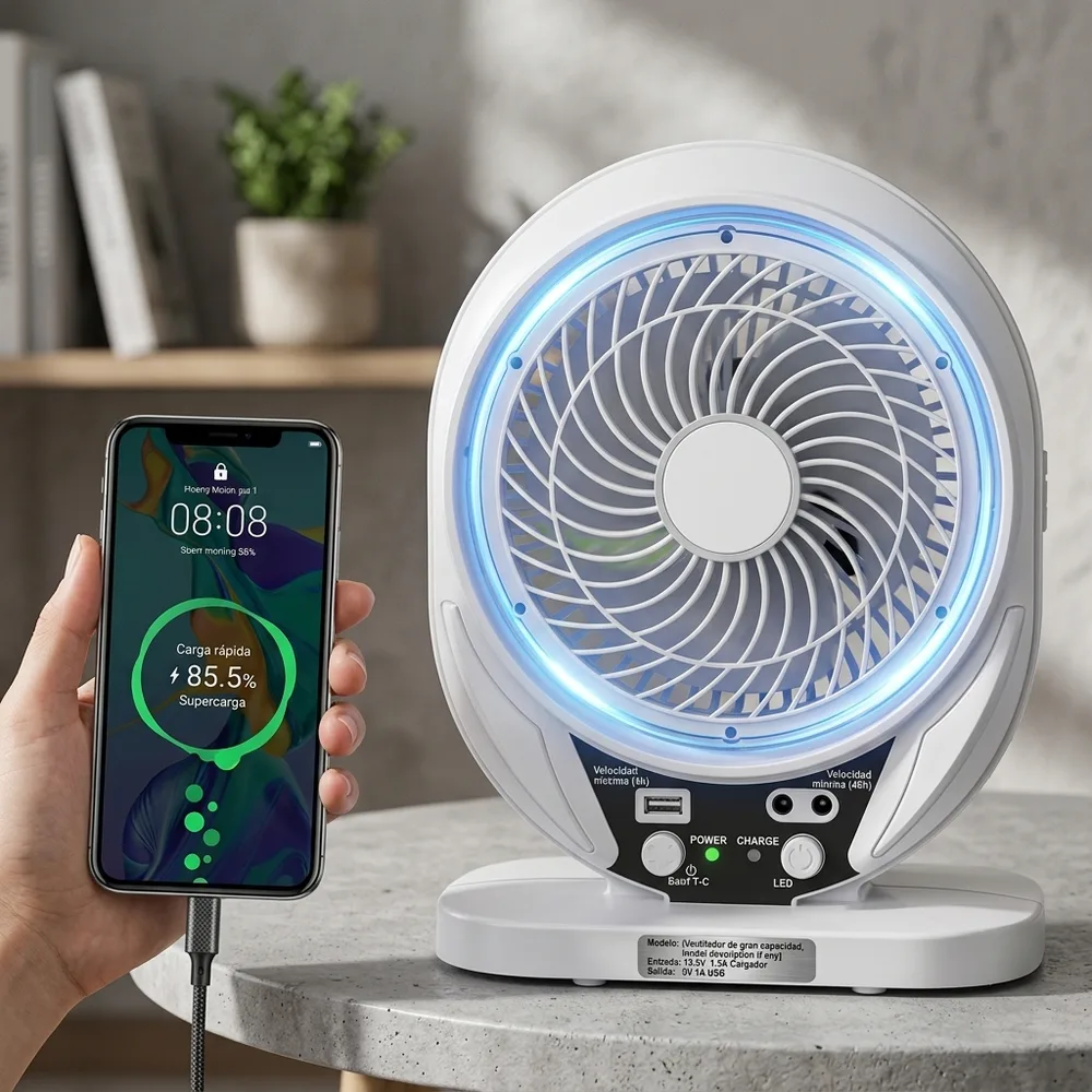 1) El ventilador encendido con la luz LED prendida sobre una mesa de noche en un cuarto oscuro. 2) Detalle del panel solar al sol conectado al ventilador, o del cabezal inclinado mostrando el giro.