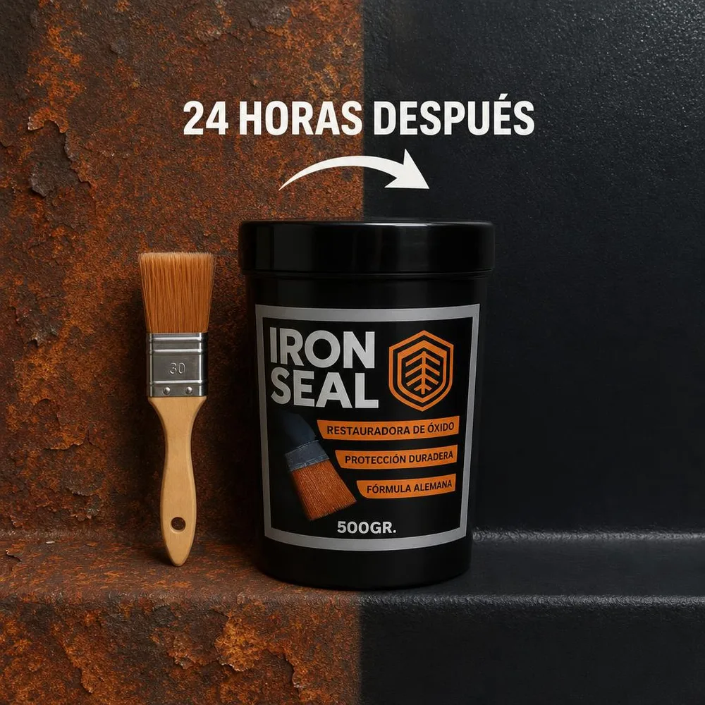 1) Una persona aplicando Ironseal con la brocha sobre una reja oxidada. 2) Detalle de cerca del acabado negro ya seco sobre el metal.