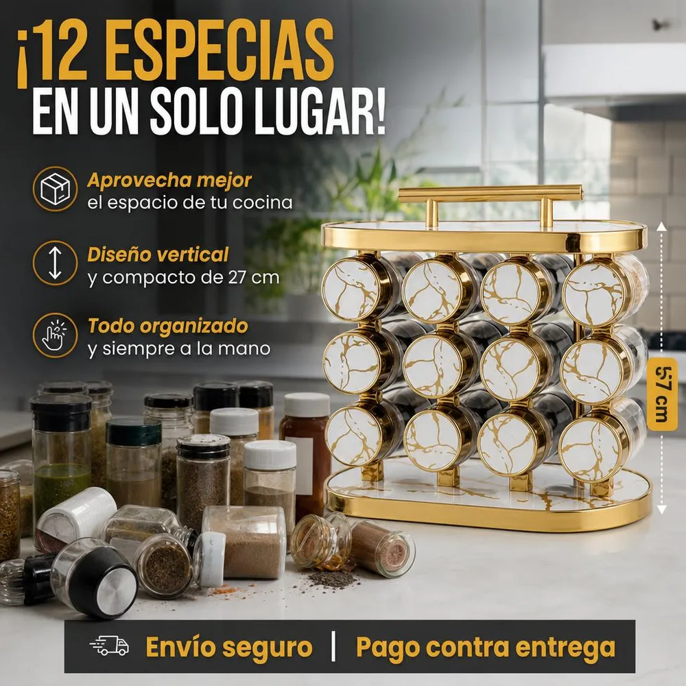 Foto fija del especiero completo sobre fondo claro, con los 12 frascos visibles, las tapas tipo mármol y los detalles dorados bien definidos.