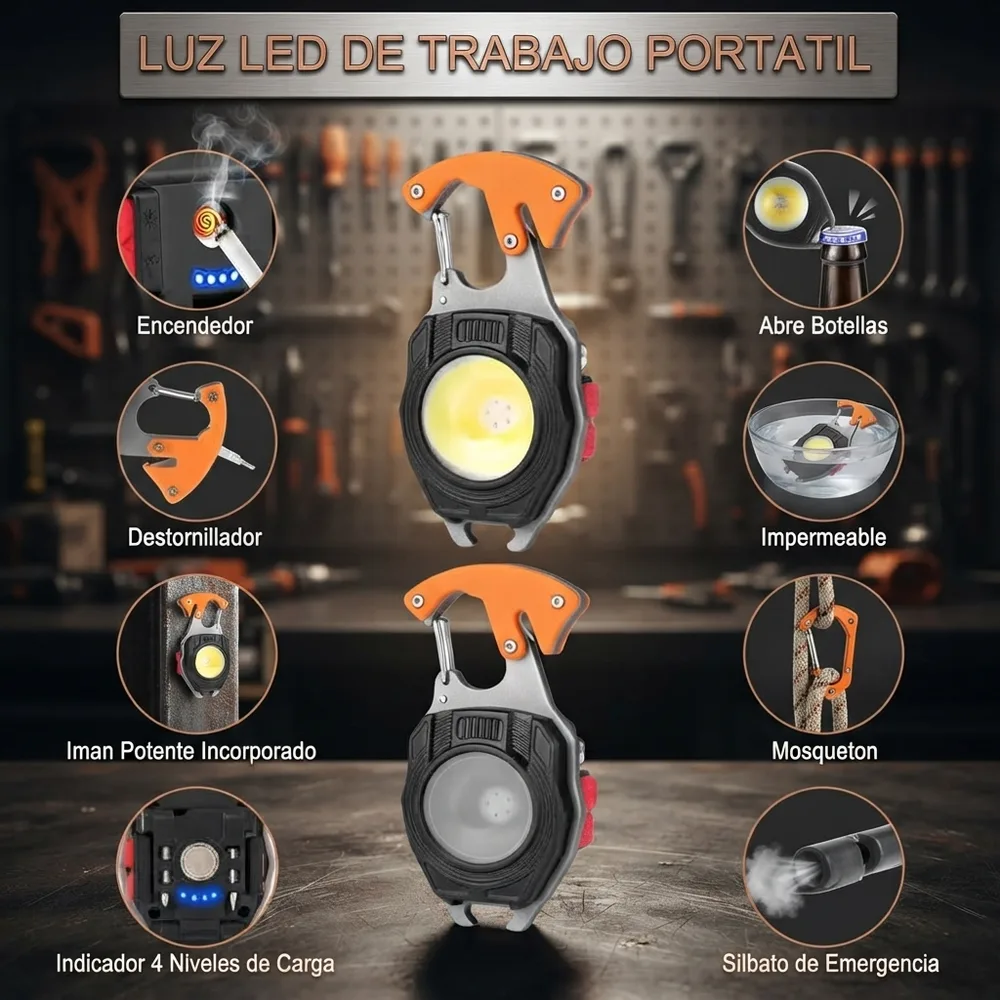1) La linterna en uso iluminando el motor de un carro o una carpa de camping de noche. 2) Detalle de las herramientas desplegadas: destornilladores, cortador de cuerda, abridor y silbato.