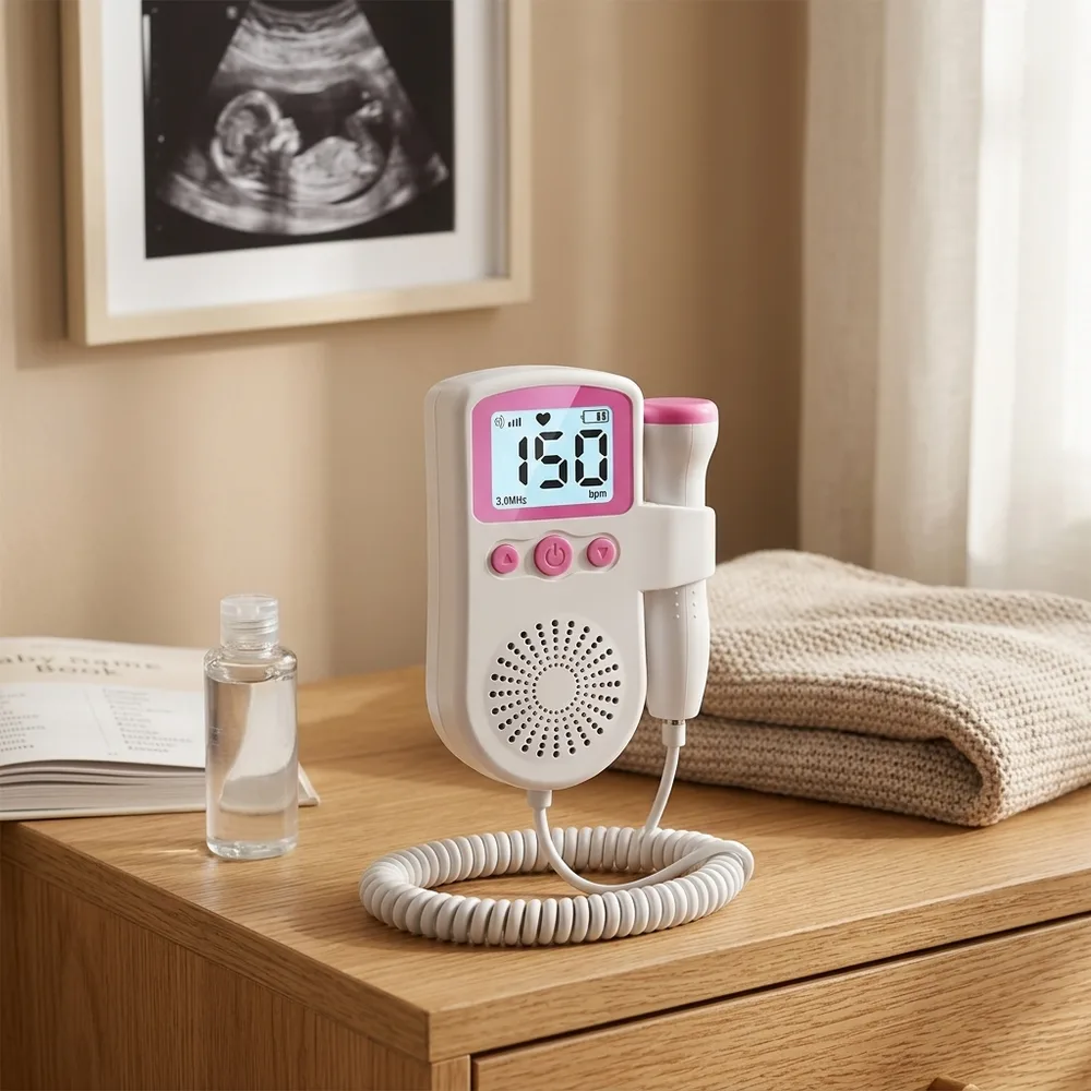 1) Mamá en casa deslizando la sonda sobre el vientre con la pareja escuchando junto a ella. 2) Detalle de la pantalla iluminada con la perilla de volumen y la entrada de audífonos de 3.5 mm.