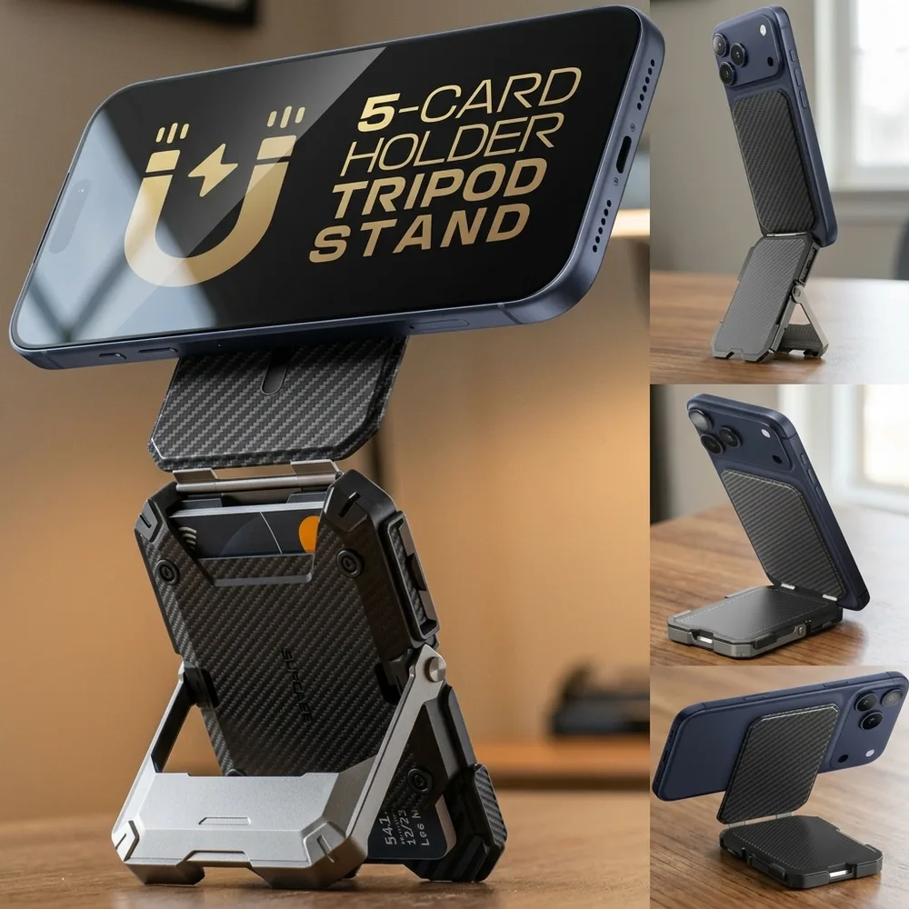 Foto fija del Soporte MagFlip negro completo, de frente, con el trípode cerrado y tarjetas asomando en la ranura, sobre fondo claro.
