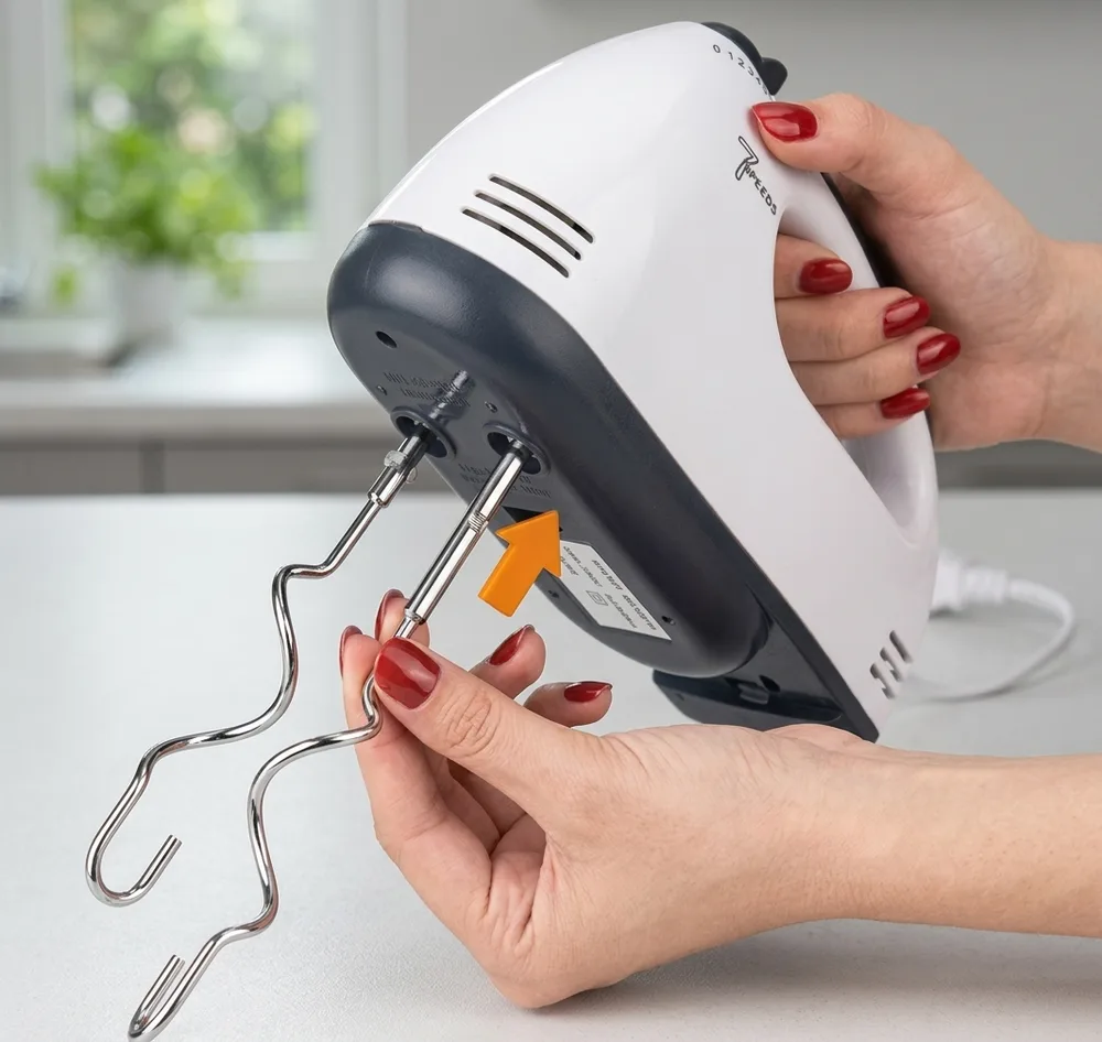 1) La batidora en uso dentro de un bol con crema o claras batidas en una cocina de casa. 2) Detalle del mango ergonómico y el selector de 7 velocidades.