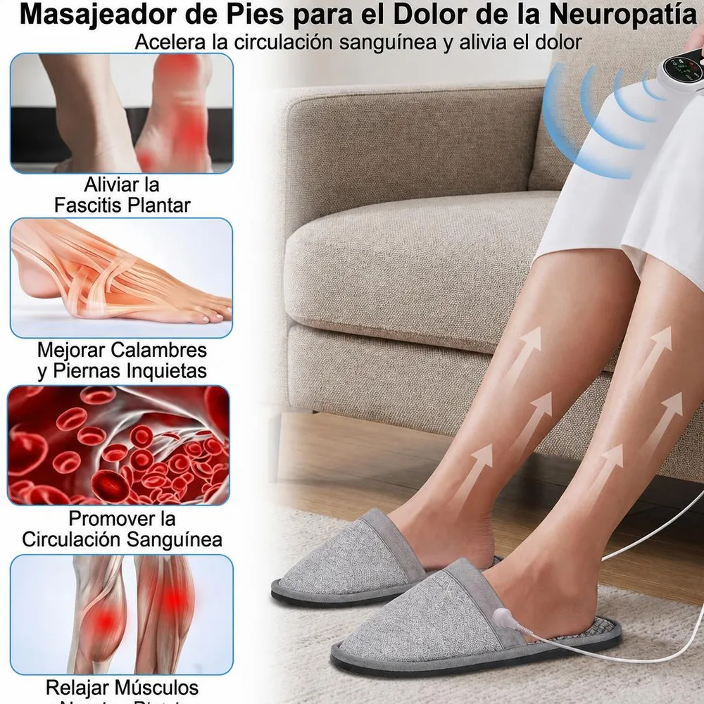 Foto fija del par de pantuflas sobre fondo claro, con el control digital y su pantalla visibles al lado y los cables conectados.