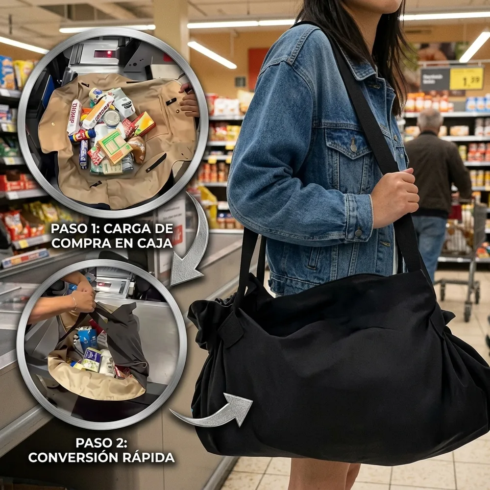 Foto fija de la PráctiManta armada como bolsa, completa y de frente sobre fondo claro, mostrando sus asas.