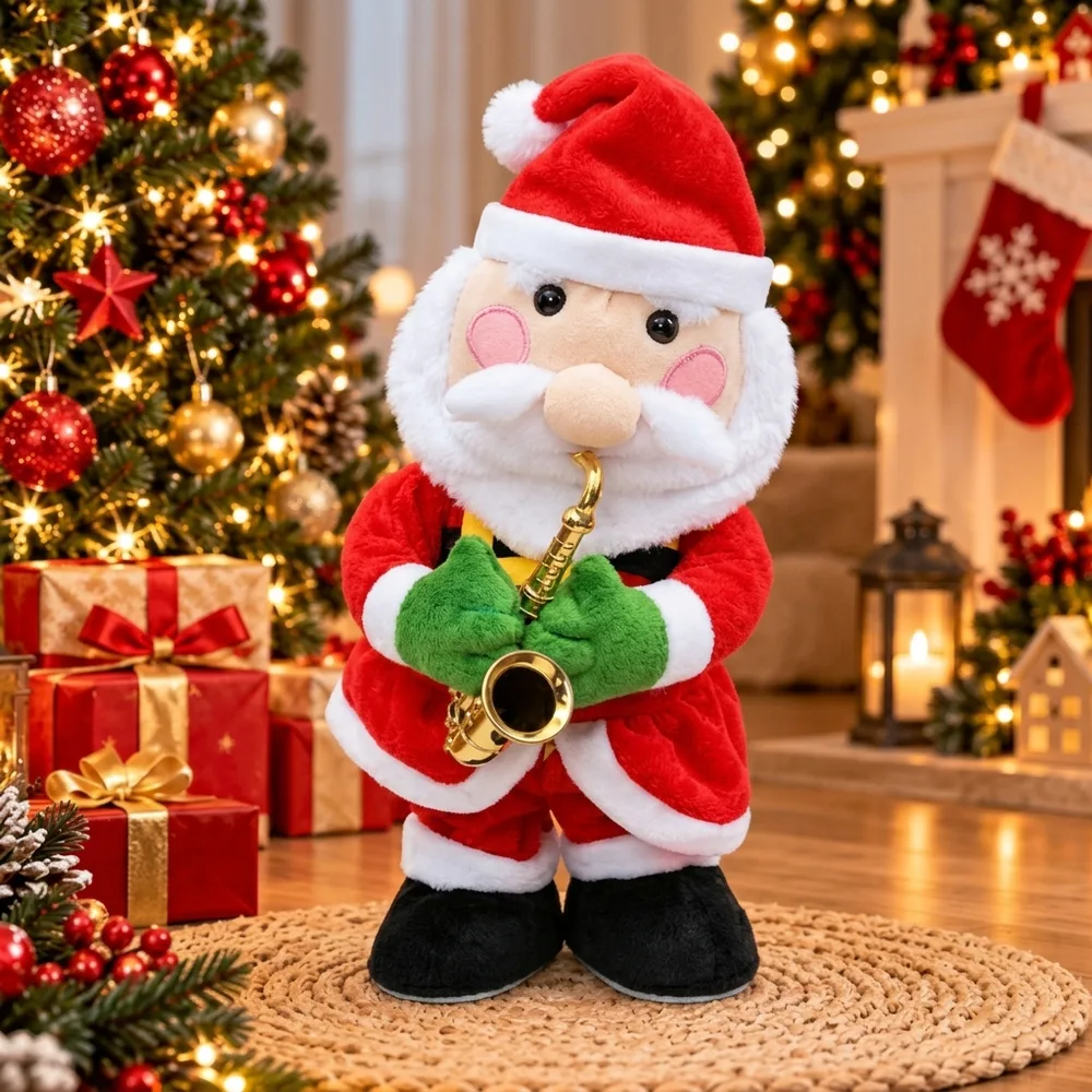 Foto fija del Papá Noel completo, de pie y de frente, sosteniendo el saxofón, sobre fondo claro y con buena luz.