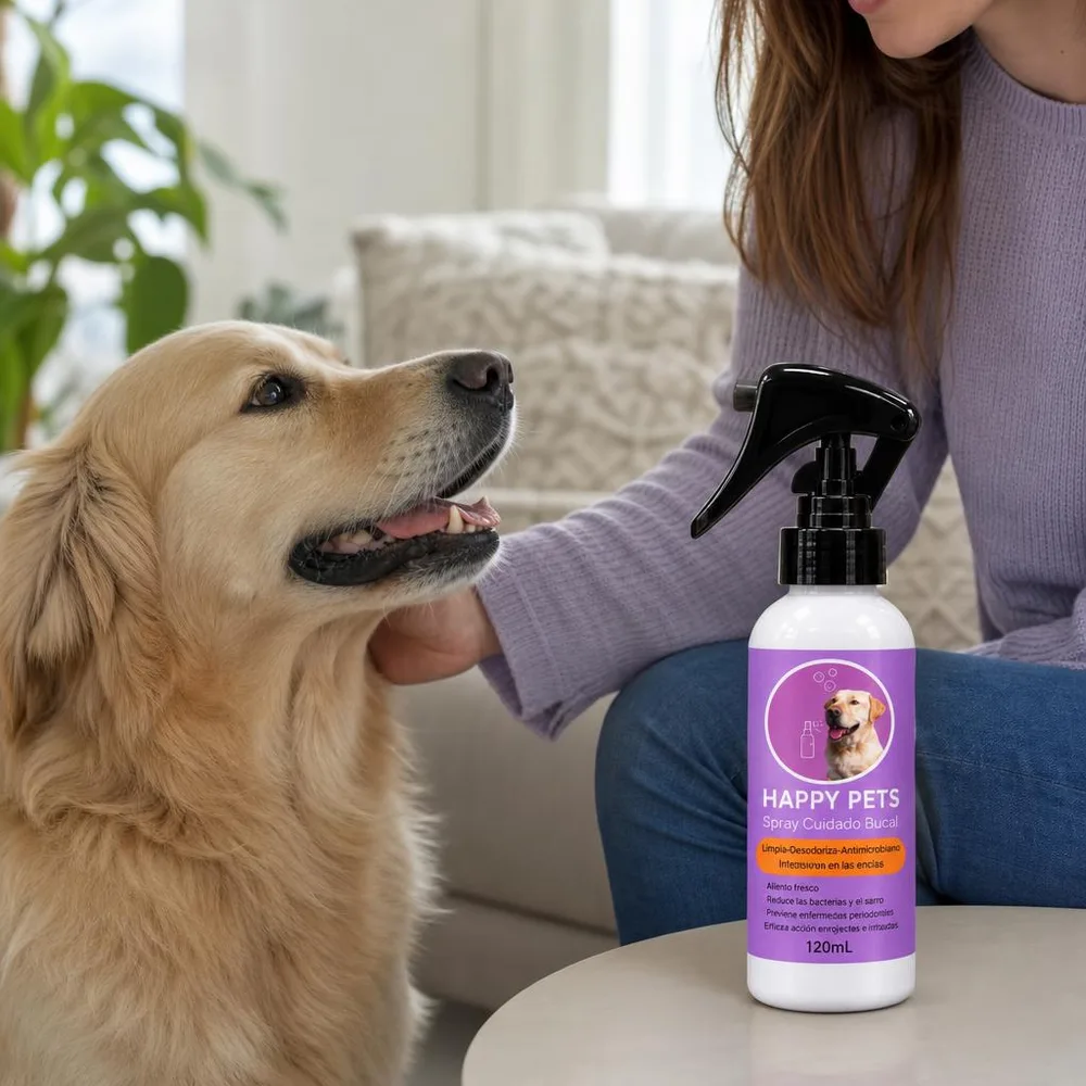 1) Una persona aplicando el baño en seco sobre el pelaje de un perro tranquilo en casa. 2) Detalle cercano de los frascos del spray bucal y del limpiador de oídos mostrando su tamaño.