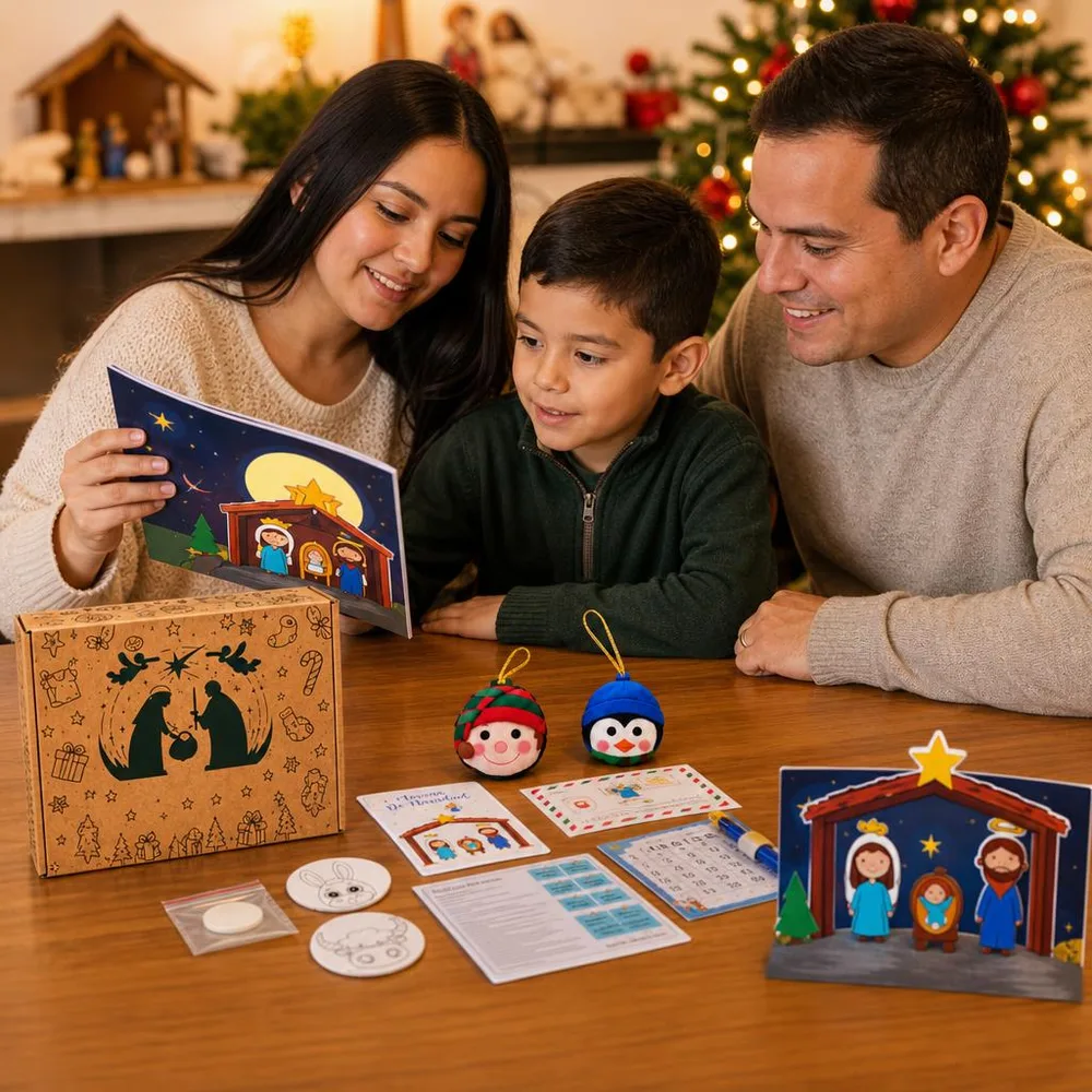 1) Un niño escribiendo la carta con el lápiz varita mágica junto al árbol. 2) Detalle de cerca del pesebre adhesivo con el burro y el buey coloreados y las dos bolitas colgadas en el árbol.