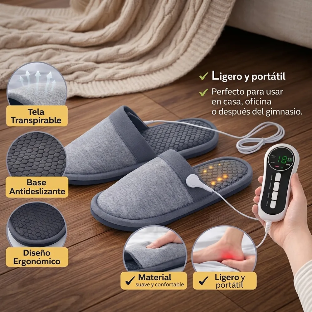 1) Persona usando las pantuflas mientras ve televisión o trabaja en el escritorio. 2) Primer plano del control digital mostrando el modo y el nivel de intensidad en la pantalla.