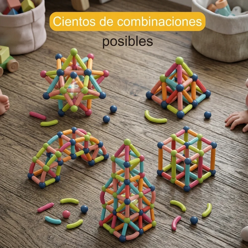 1) Niño armando una estructura 3D en una mesa de casa o salón de clase. 2) Primer plano de la punta magnética de una barra uniéndose a una esfera blanca.