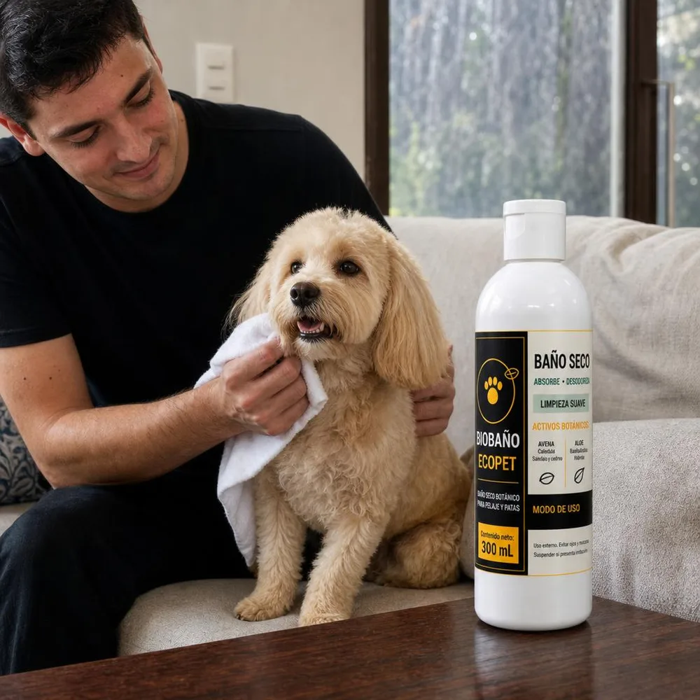 1) Una persona aplicando el baño en seco sobre el pelaje de un perro tranquilo en casa. 2) Detalle cercano de los frascos del spray bucal y del limpiador de oídos mostrando su tamaño.