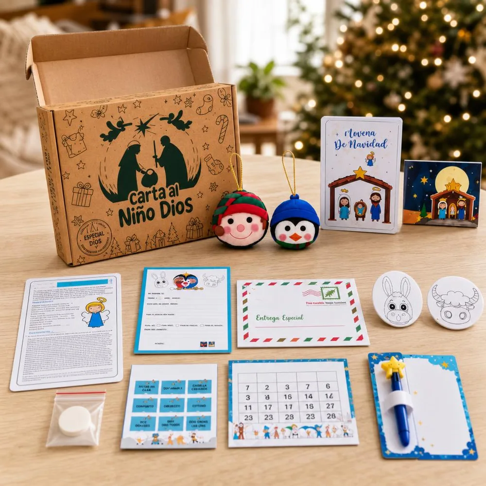 Foto fija del kit completo: caja decorada abierta con todas las piezas ordenadas alrededor (carta, sobre, estampilla, lápiz varita, novena, pesebre, calendario, tarjeta de misiones, figuras y bolitas) sobre fondo claro.