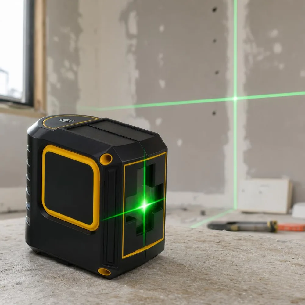 1) El nivel en uso dentro de una habitación proyectando la cruz verde sobre pared con enchape o drywall. 2) Detalle de la rosca de 1/4" en la base del equipo.