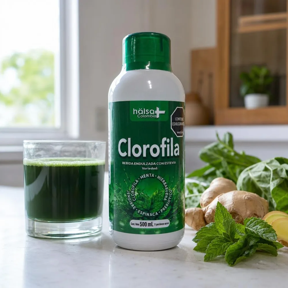 1) Vaso de agua con la clorofila ya mezclada junto a la botella, en una mesa de desayuno. 2) Detalle de la etiqueta mostrando ingredientes (menta, hierbabuena, jengibre, inulina) y el registro INVIMA.