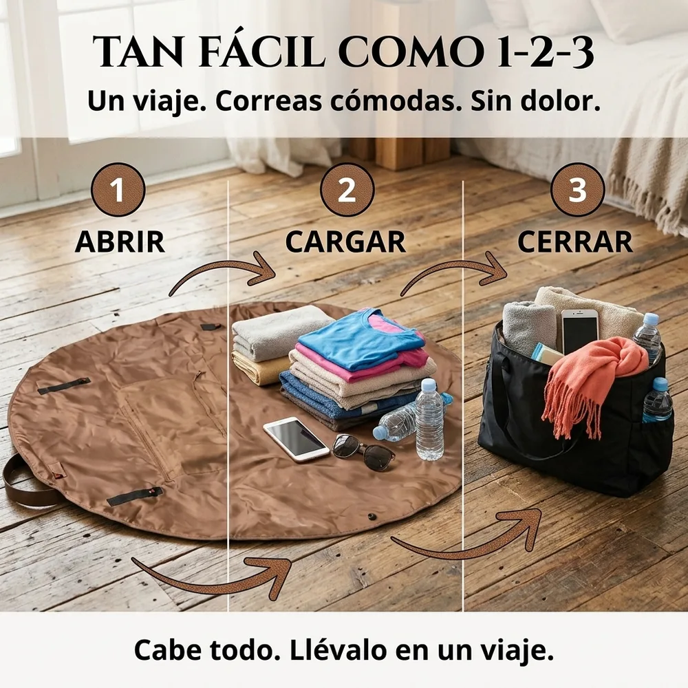 1) La PráctiManta abierta como tapete circular en el pasto o la arena, con una persona sentada y sus cosas encima. 2) Detalle de las correas tensadas cerrando la bolsa con compras adentro.