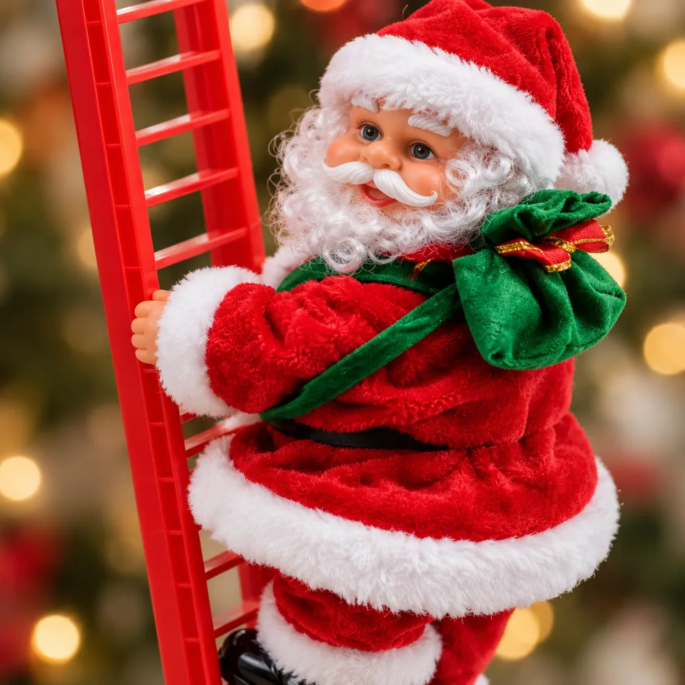 1) El adorno colgado en un árbol de Navidad dentro de una sala decorada. 2) Detalle de la cara, el traje de felpa y el saco de regalos dorado.