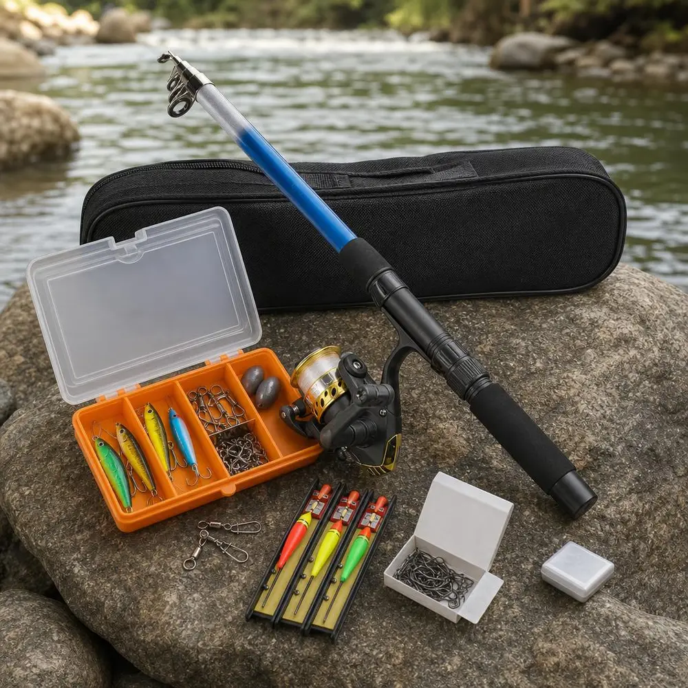 Foto fija sobre fondo claro con todo el kit: caña extendida, carretel montado, caja doble tapa abierta y los accesorios (señuelos, cucharas, flotadores, plomadas, giradores y caja de anzuelos) bien ordenados.