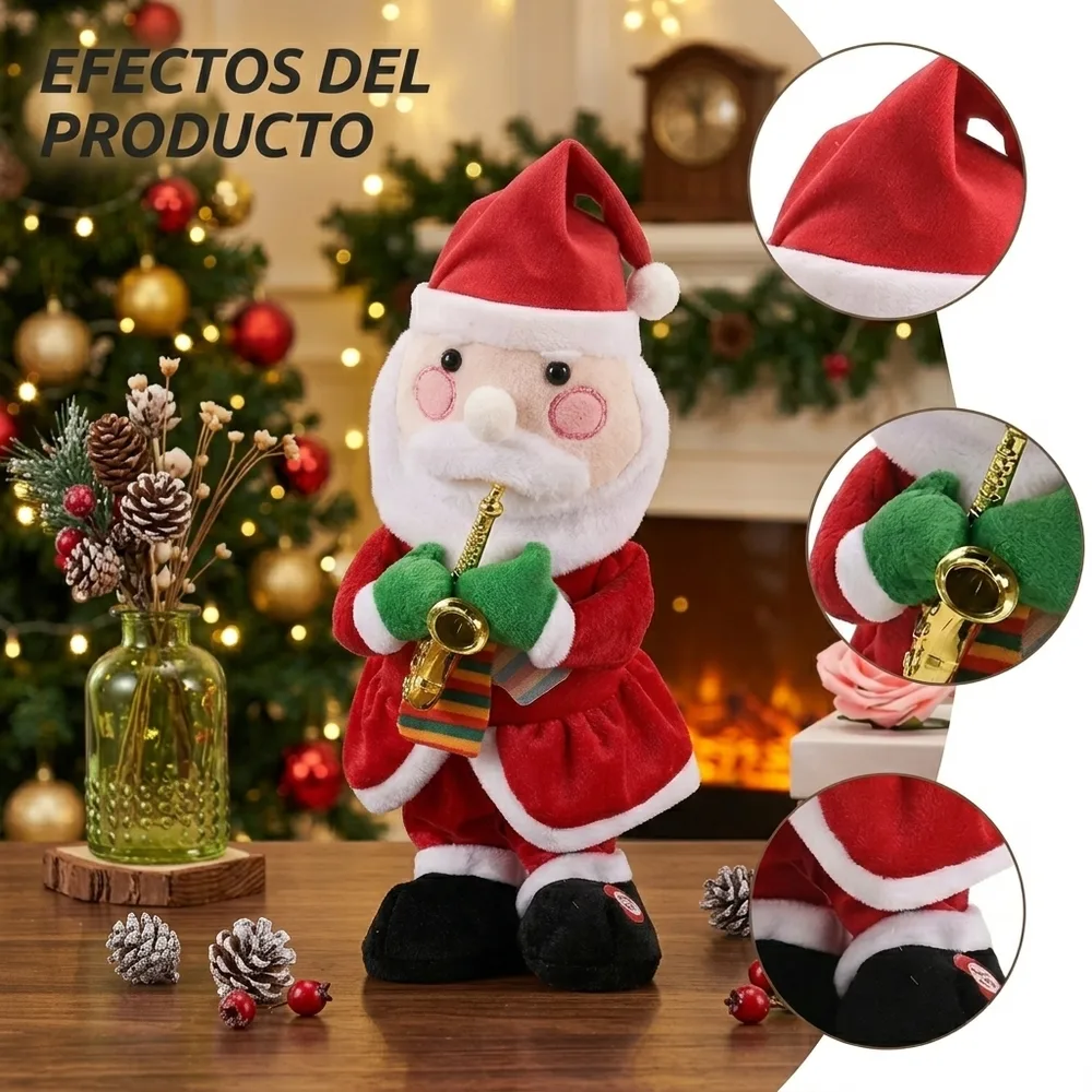 1) El muñeco en una sala decorada junto al árbol, con niños o familia alrededor en ambiente de novena. 2) Detalle de cerca de la felpa y del saxofón, o de la planta del pie mostrando el interruptor.