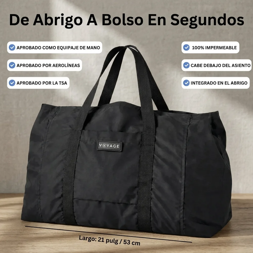 1) Persona usando la chaqueta en un aeropuerto. 2) Detalle de la chaqueta convertida en bolso duffle con sus asas, o de los bolsillos interiores abiertos con ropa guardada.