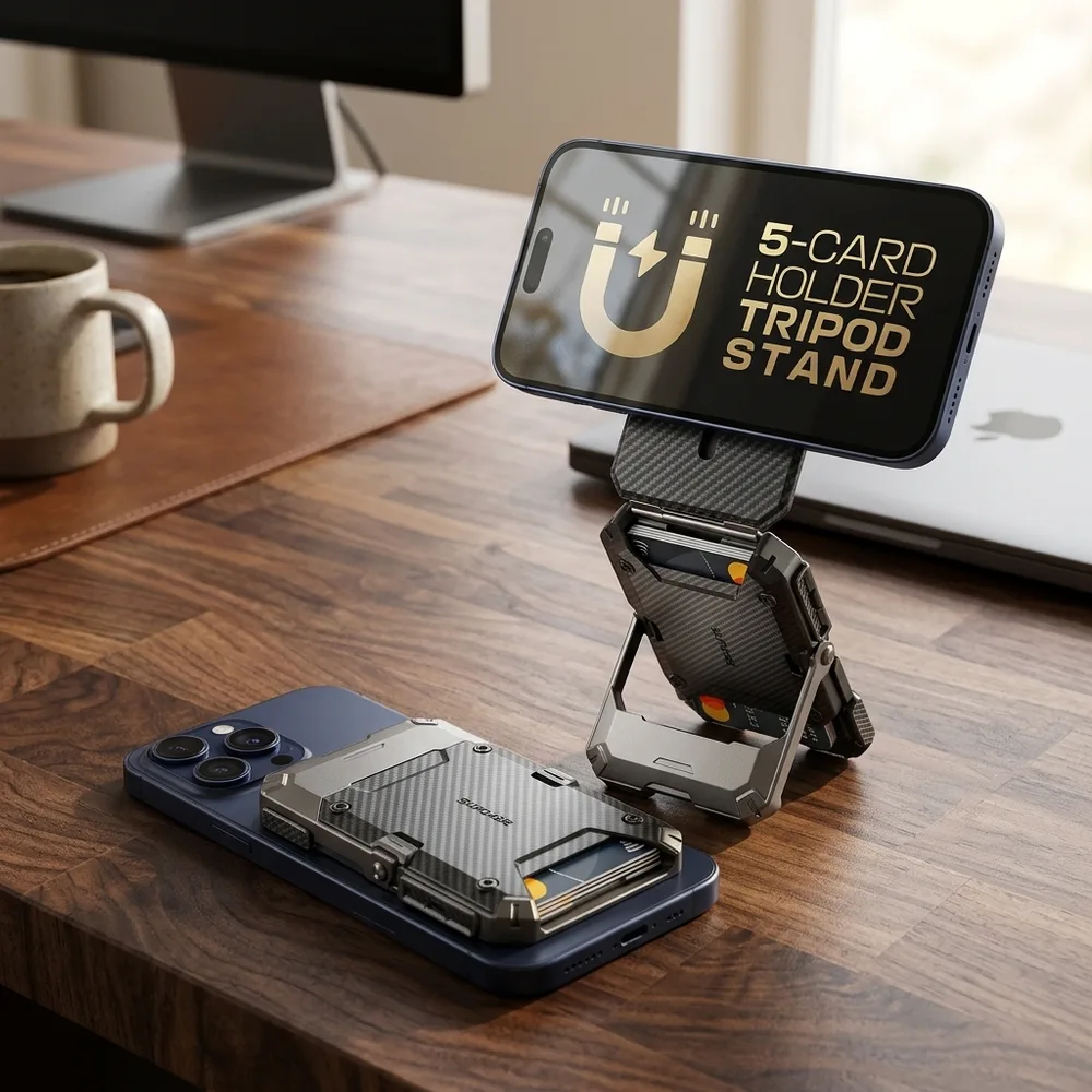 1) El celular apoyado en horizontal sobre una mesa con el trípode desplegado, mostrando una videollamada o un video. 2) Detalle de la ranura con varias tarjetas y del anillo magnético auxiliar al lado.