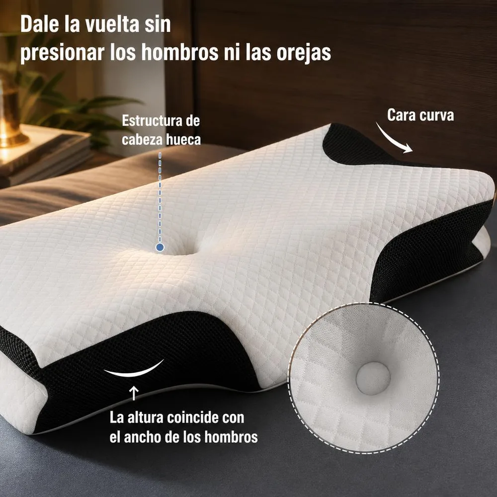 1) Persona durmiendo de lado con el cuello alineado y el brazo apoyado en la zona lateral. 2) Detalle de la espuma viscoelástica con la funda abierta mostrando la textura.