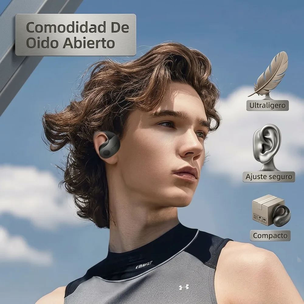 1) Persona usando los audífonos mientras conversa con un extranjero en un aeropuerto o local, con el celular mostrando la app de traducción. 2) Detalle de cerca del gancho sobre la oreja y la zona táctil del audífono.