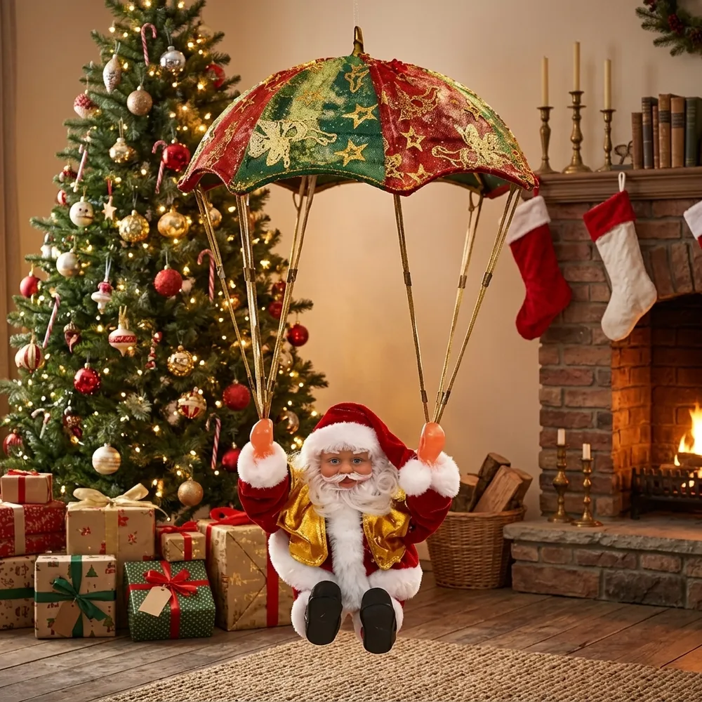 Foto fija del Papá Noel completo con su paracaídas rojo, colgado, sobre fondo claro y bien iluminado.