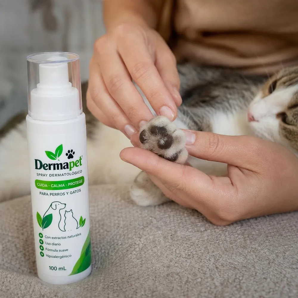 1) La crema aplicándose en las almohadillas de un perro después del paseo. 2) Detalle de cerca de la textura de la crema sobre la nariz de un gato o en la yema de un dedo.
