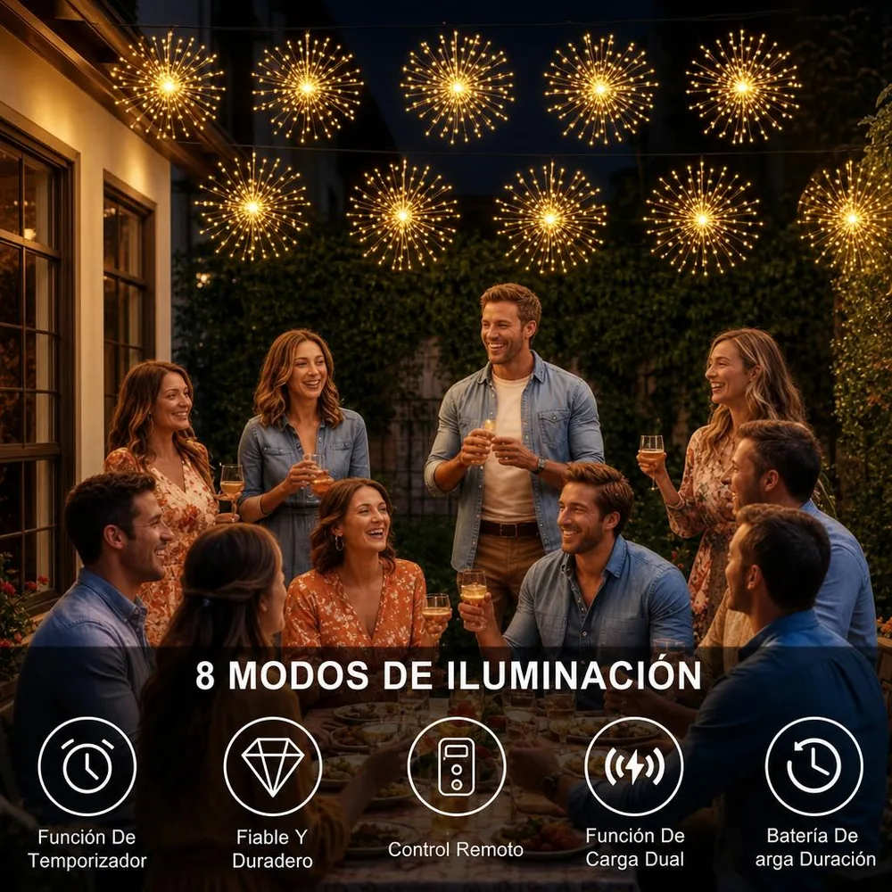 1) Las luces instaladas en un jardín o sendero de noche, iluminando el espacio. 2) Detalle del panel solar y de los cables de cobre con sus LED de cerca.