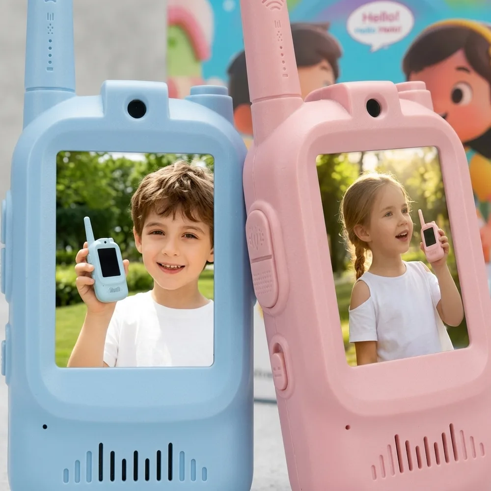 Foto fija del par de walkie talkies AventuTalk de frente, con la pantalla a color encendida mostrando una videollamada, sobre fondo claro.
