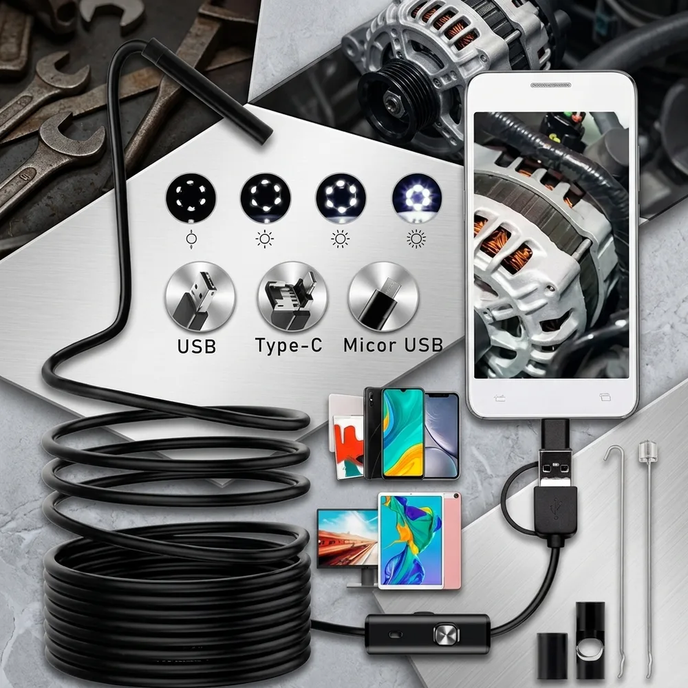 Foto fija del producto completo sobre fondo claro: cable de 1 m enrollado, cabezal con las 6 luces LED visibles y conector USB, con los accesorios al lado.