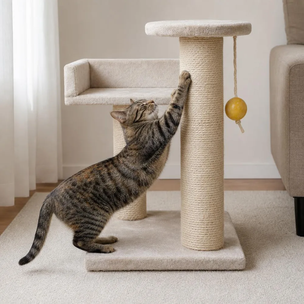 1) Un gatito usando el gimnasio en una sala real, rascando el poste o descansando en la plataforma. 2) Primer plano del detalle de la cuerda de sisal y la tela del tapizado.