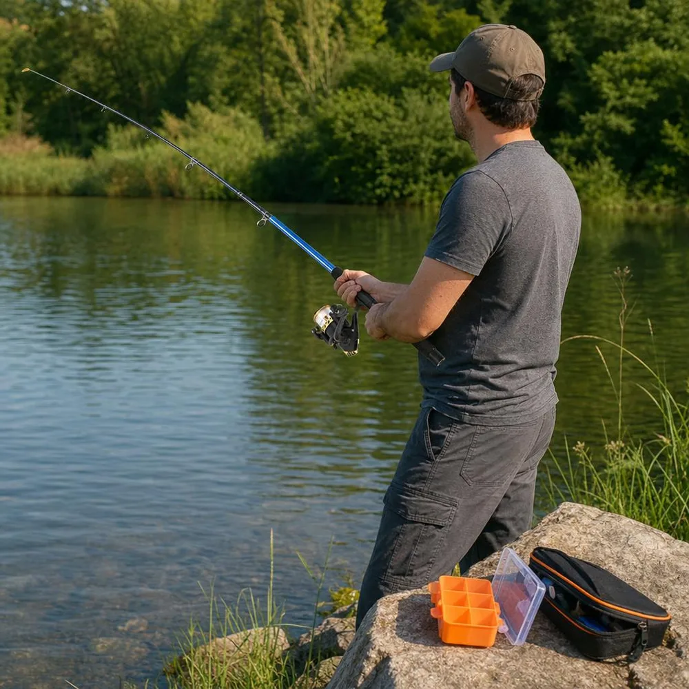 1) Persona pescando con la caña a la orilla de un río o laguna. 2) Detalle de la caña recogida a 46 cm junto a un bolso, con el carretel y su sedal en primer plano.