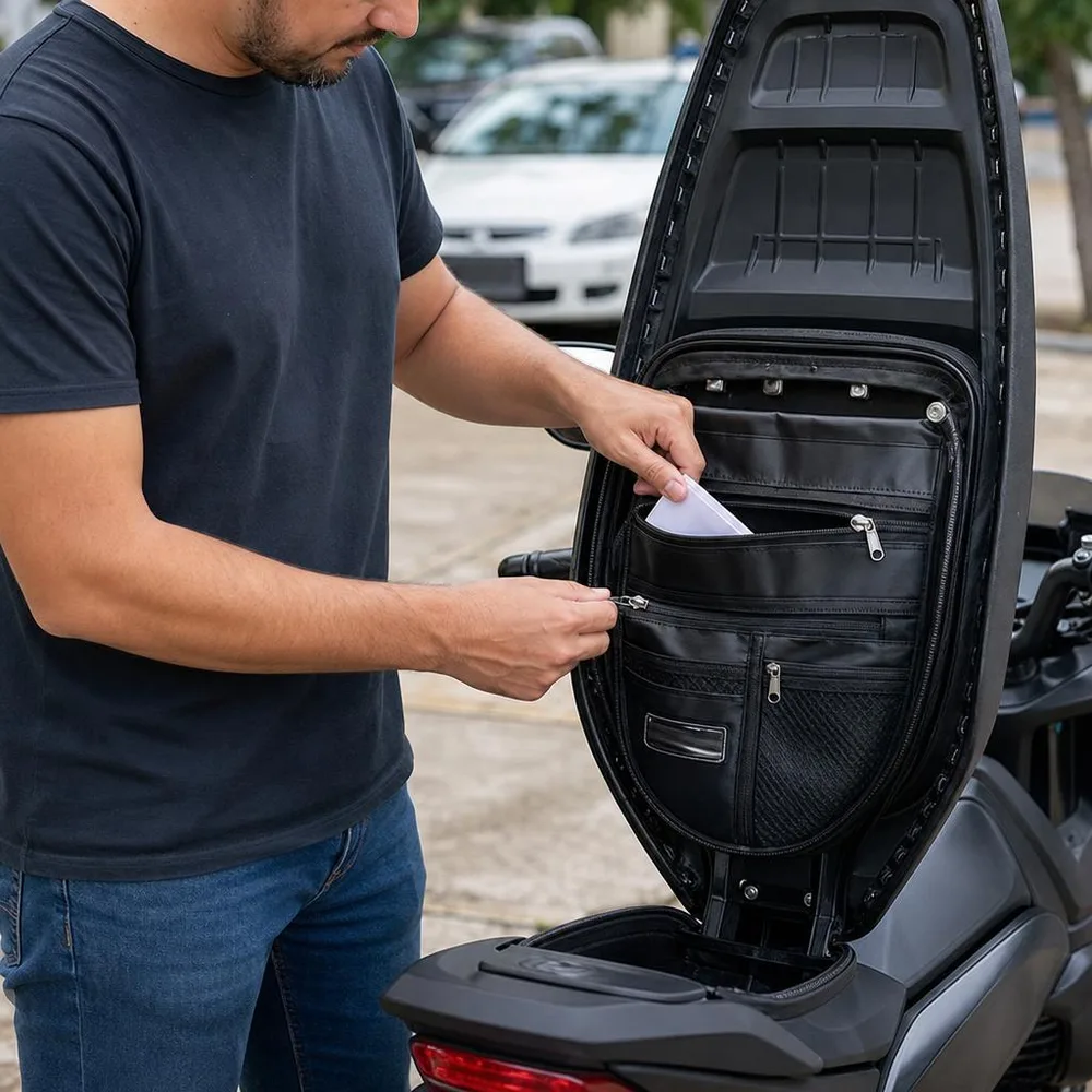 1) MotoOrden instalado en la tapa interna del asiento con documentos y herramientas guardados. 2) Primer plano de la cremallera y las bandas elásticas sujetando objetos.