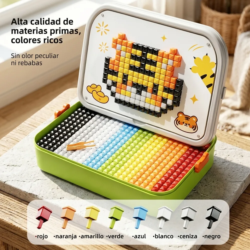 1) Niño en una mesa armando una figura con la pinza sobre el tablero. 2) Detalle de cerca de los botones tipo hongo y la bandeja interna organizada con el maletín listo para cerrar.
