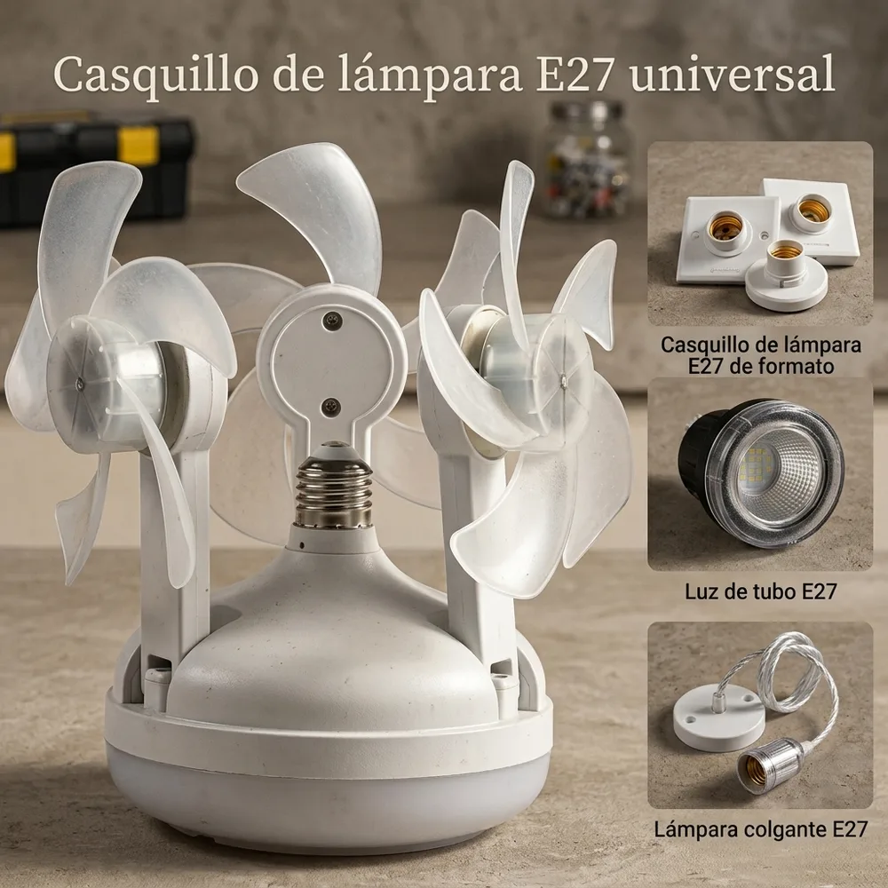 1) El FrescoSocket instalado en el techo de una habitación o cocina, encendido y con las aspas girando. 2) Detalle de la rosca E27 y de un brazo plegado junto a otro desplegado.
