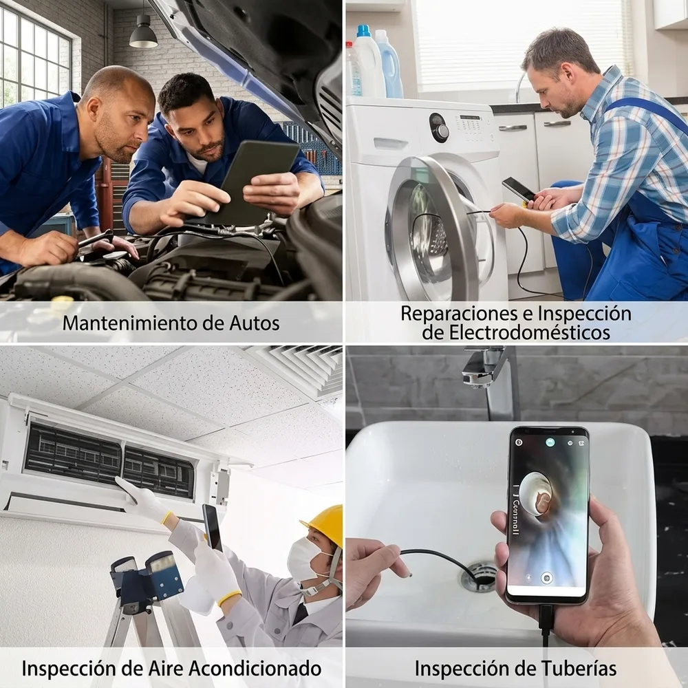 1) La sonda dentro de un motor o tubo con el celular mostrando la imagen en vivo. 2) Primer plano del cabezal de 7 mm con las luces encendidas y el gancho, imán y espejo puestos.