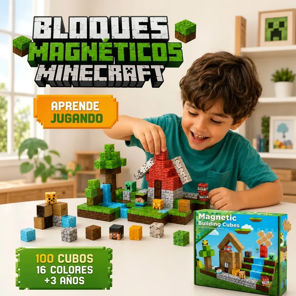 Foto fija del set completo de 100 cubos PixelBloq sobre fondo claro, mostrando las distintas texturas (lava, agua, césped, piedra, madera).