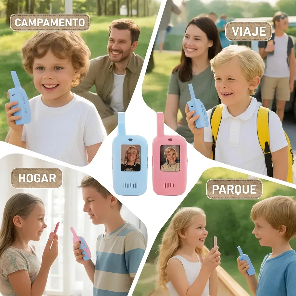 1) Niños usándolo al aire libre en un parque o jardín, uno viendo al otro en la pantalla. 2) Detalle del botón único y el puerto de carga Tipo C.