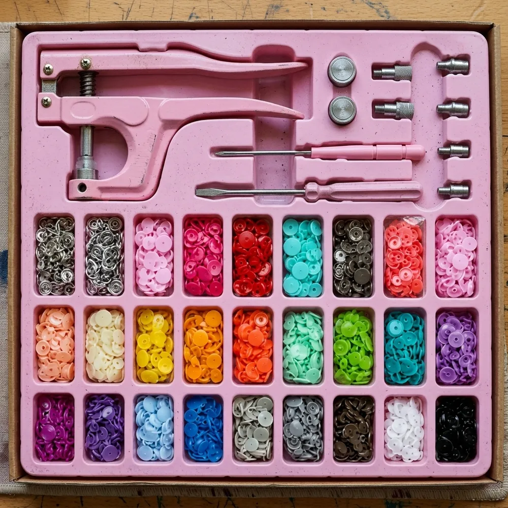 Foto fija del kit completo sobre fondo claro: la pinza al frente, la caja organizadora abierta con los broches de colores y metálicos, y a un lado el punzón, el destornillador y las matrices.