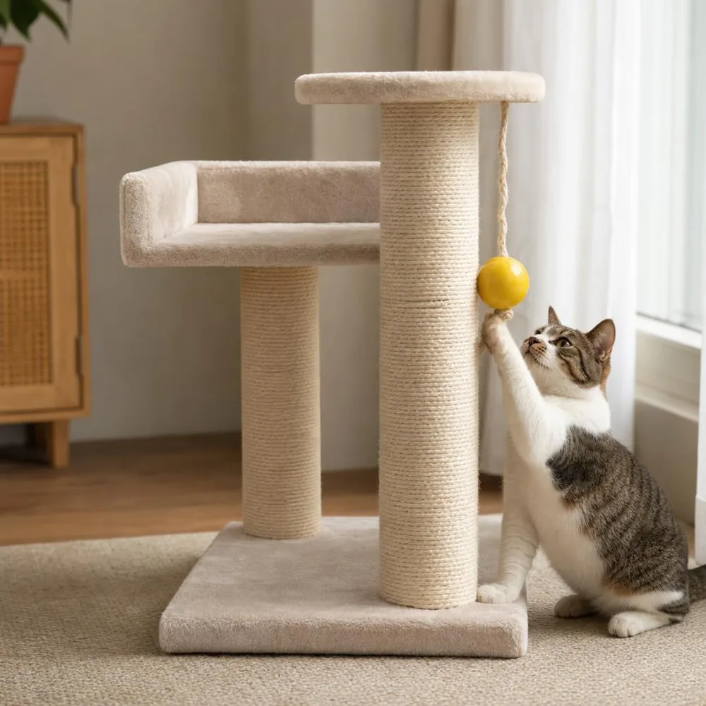 1) Un gatito usando el gimnasio en una sala real, rascando el poste o descansando en la plataforma. 2) Primer plano del detalle de la cuerda de sisal y la tela del tapizado.