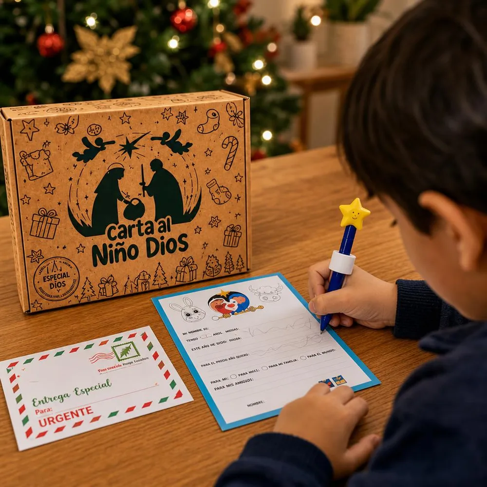1) Un niño escribiendo la carta con el lápiz varita mágica junto al árbol. 2) Detalle de cerca del pesebre adhesivo con el burro y el buey coloreados y las dos bolitas colgadas en el árbol.