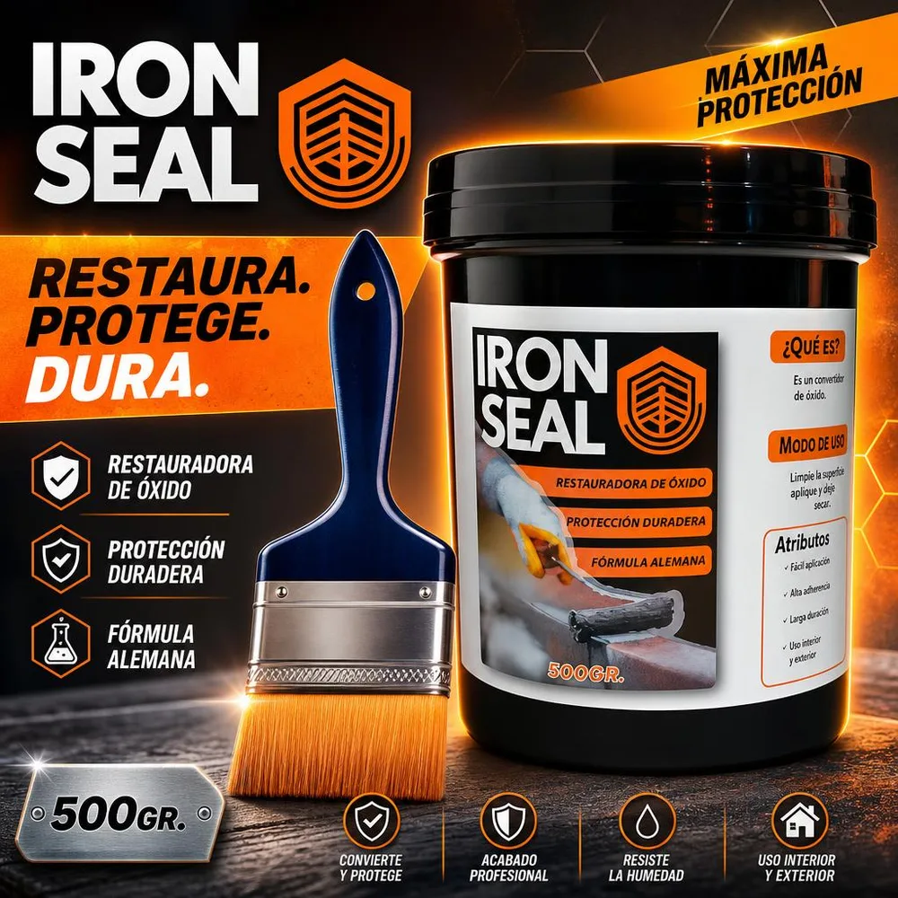 Foto fija del frasco de Ironseal negro junto a su brocha, sobre fondo claro, con la etiqueta bien visible.