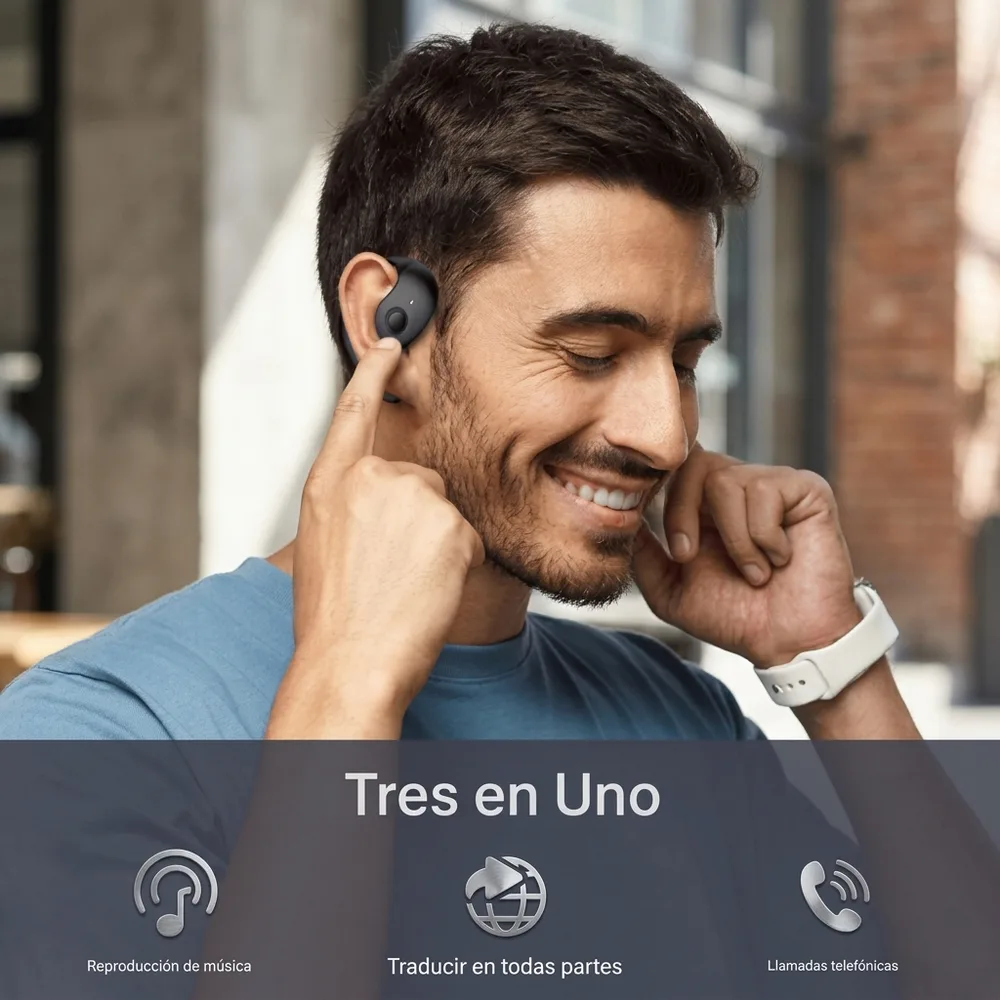 1) Persona usando los audífonos mientras conversa con un extranjero en un aeropuerto o local, con el celular mostrando la app de traducción. 2) Detalle de cerca del gancho sobre la oreja y la zona táctil del audífono.